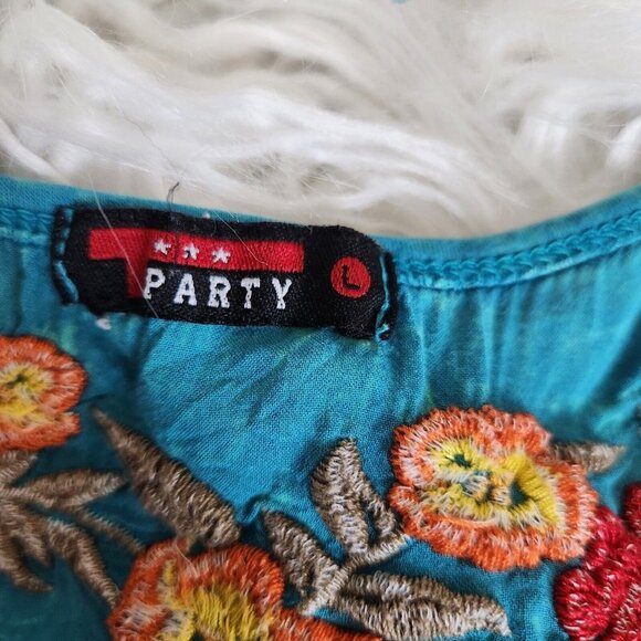 T-Party Turquoise Swing Dress size Large Embroidery Boho Hippie Sleeveless - Picture 6 of 16